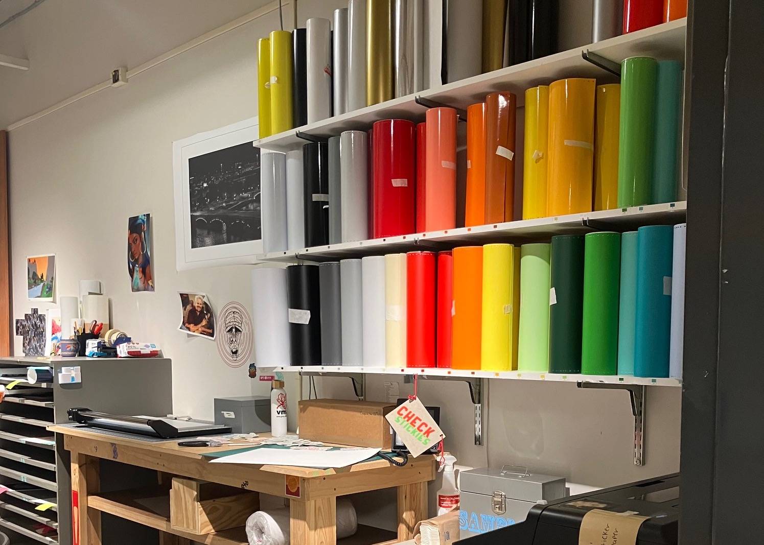 Digital Print Shop vinyl colors and workspace